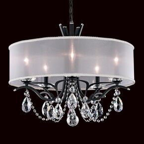 VESCA 5 LIGHT 220V CHANDELIER IN FERRO BLACK WITH CLEAR HERITAGE HANDCUT CRYSTAL AND WHITE SHADE SCHONBEK VA8305