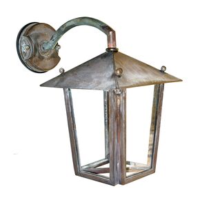 DITS TRADITIONAL HANDCRAFTED LIGHTING > OUTDOOR BRONZE LANTERN SQUARE BOTTOM BRACKET CURVED WITH ARTIFICIAL AGING. - WATERPROOF LUMINAIRES HANDMADE BY DITS