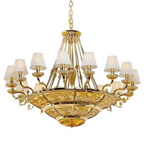 CLASSIC LIGHTING < ITALIAN POSSONI > CEILING PENDANTS > SHADED GOLD PLATED CHANDELIER WITH AMBER CRYSTAL WITH ORGANZA SHADE - PENDANT LIGHTS